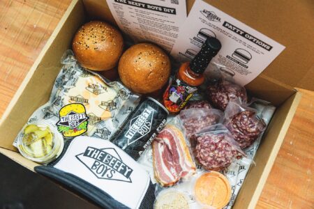 Beefy Boys DIY Box, includes everything you need to have a Beefy Boys meal at home, with beer, sauce and cap
