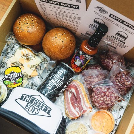 Beefy Boys DIY Box, includes everything you need to have a Beefy Boys meal at home, with beer, sauce and cap