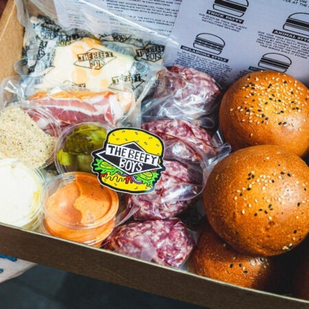 Small Beefy Boys box, includes everything you need to have a Beefy Boys meal at home