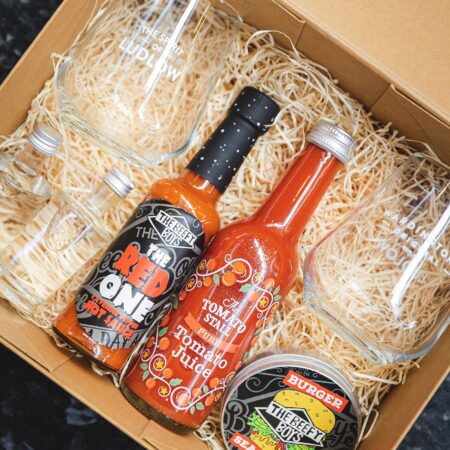 Beefy Boys Sauces (The Red One and Tomato sauce) in presentation box, with Spirit of Ludlow Gin mini-bottles, 2 glasses, Beefy Boys burger seasoning.